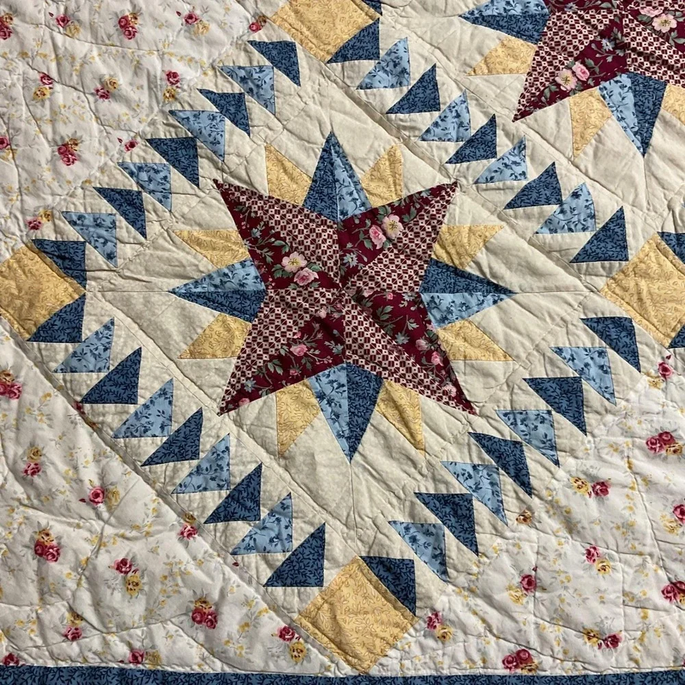 Vtg Hand Quilted‎ Star Quilt 80x82 Americana Farmhouse Cottage Cotton Bedspread